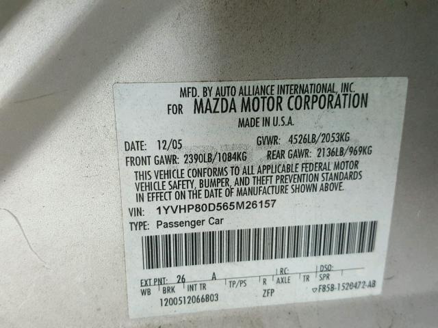 1YVHP80D565M26157 - 2006 MAZDA 6 S SILVER photo 10