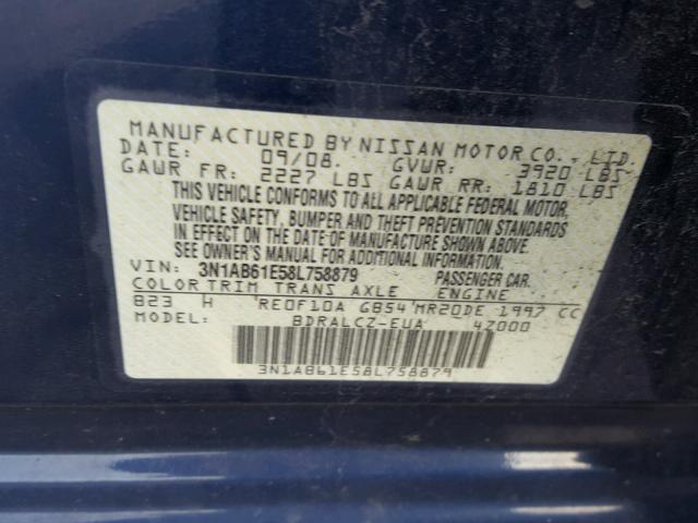 3N1AB61E58L758879 - 2008 NISSAN SENTRA 2.0 BLUE photo 10