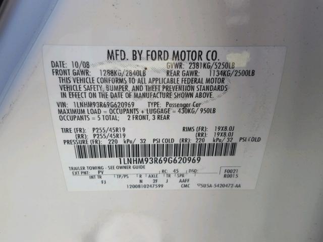 1LNHM93R69G620969 - 2009 LINCOLN MKS WHITE photo 10