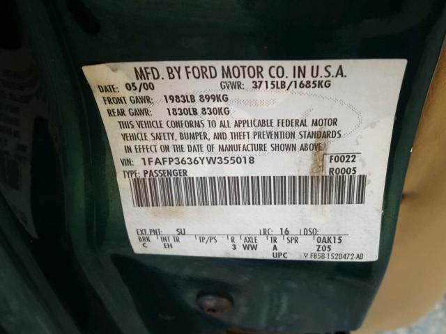 1FAFP3636YW355018 - 2000 FORD FOCUS SE GREEN photo 10