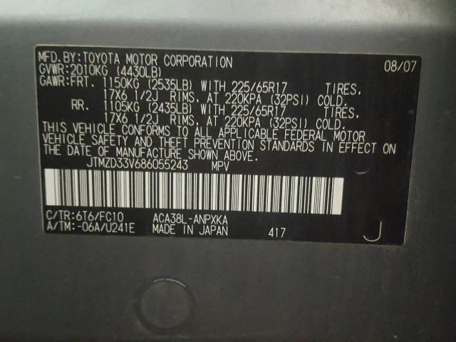 JTMZD33V686055243 - 2008 TOYOTA RAV4 灰色 照片 10