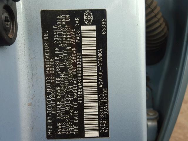 4T1BE46K09U883920 - 2009 TOYOTA CAMRY BASE BLUE photo 10