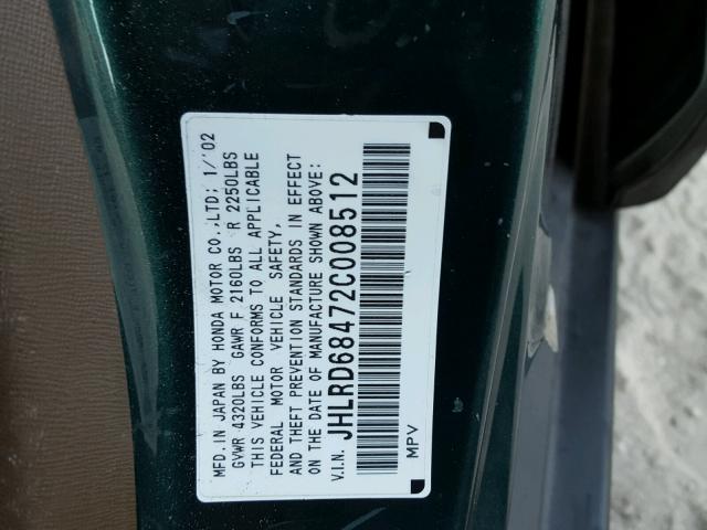 JHLRD68472C008512 - 2002 HONDA CR-V LX GREEN photo 10