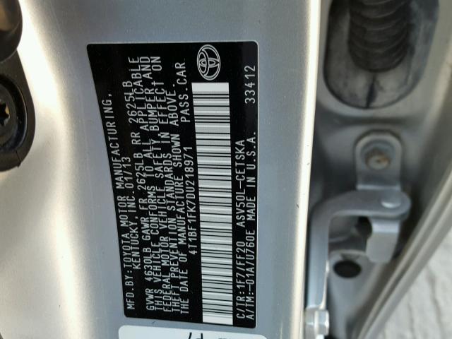 4T1BF1FK7DU218971 - 2013 TOYOTA CAMRY L SILVER photo 10