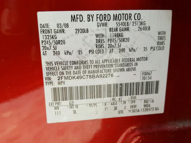 2FMDK49C78BA92276 - 2008 FORD EDGE LIMIT RED photo 10