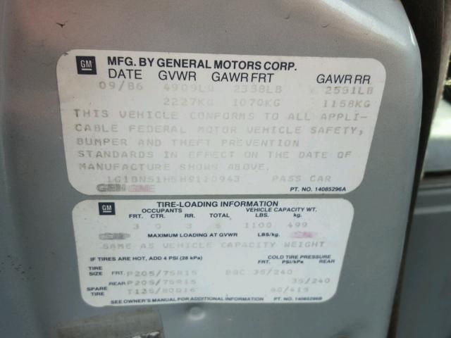 1G1BN51H5H9110943 - 1987 CHEVROLET CAPRICE CL 灰色 照片 10