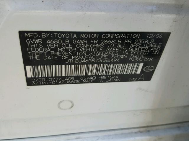 JTHBJ46G872086494 - 2007 LEXUS ES 350 WHITE photo 10