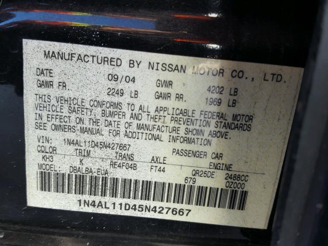 1N4AL11D45N427667 - 2005 NISSAN ALTIMA S BLACK photo 10