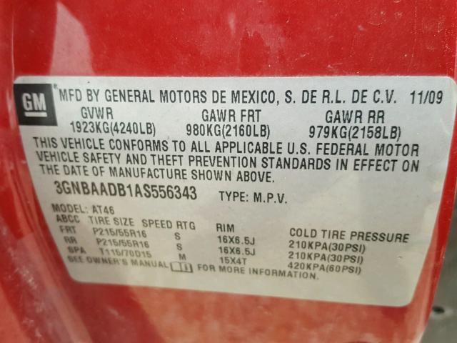 3GNBAADB1AS556343 - 2010 CHEVROLET HHR LS Burdeos foto 10