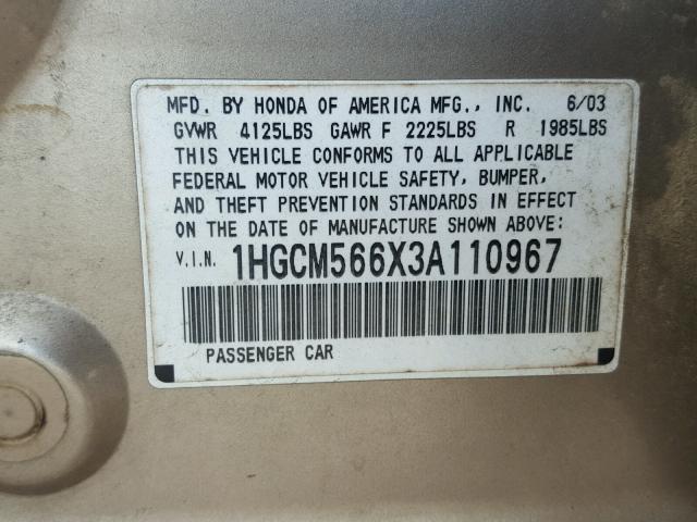 1HGCM566X3A110967 - 2003 HONDA ACCORD EX GOLD photo 10