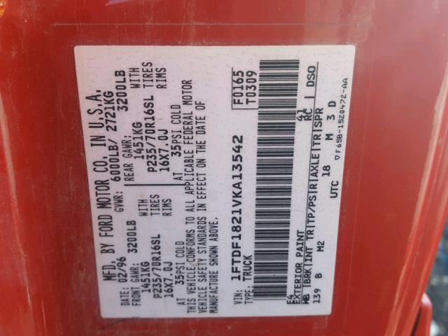 1FTDF1821VKA13542 - 1997 FORD F150 RED photo 10