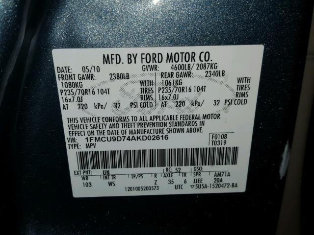 1FMCU9D74AKD02616 - 2010 FORD ESCAPE XLT BLUE photo 10