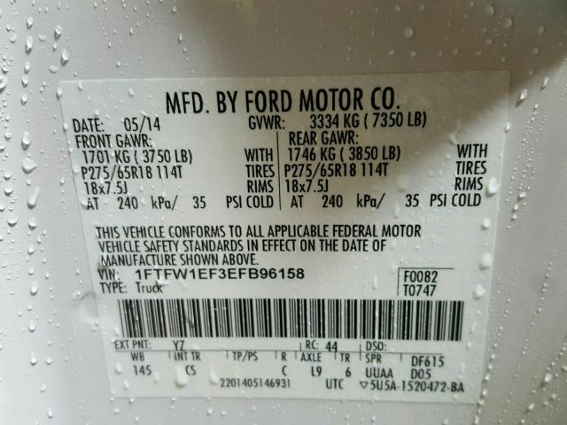 1FTFW1EF3EFB96158 - 2014 FORD F150 SUPER WHITE photo 10