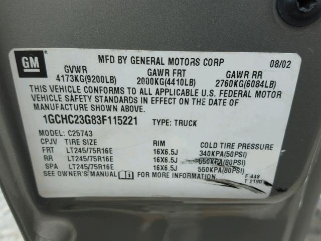 1GCHC23G83F115221 - 2003 CHEVROLET SILVERADO SILVER photo 10