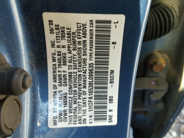 1HGFA16538L099635 - 2008 HONDA CIVIC LX BLUE photo 10