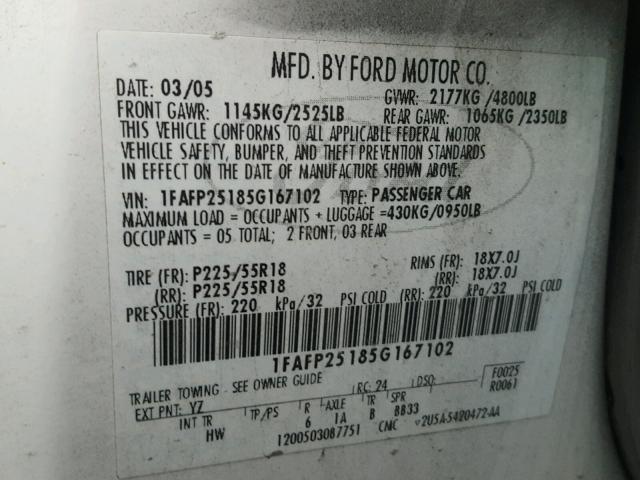 1FAFP25185G167102 - 2005 FORD FIVE HUNDR WHITE photo 10