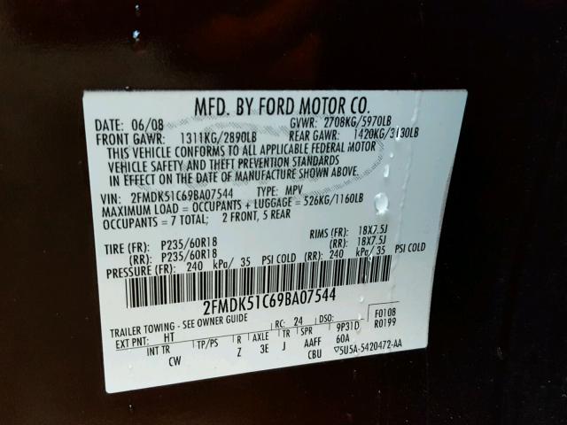 2FMDK51C69BA07544 - 2009 FORD FLEX SE BURGUNDY photo 10