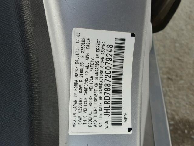 JHLRD78872C079248 - 2002 HONDA CR-V EX ვერცხლისფერი ფოტო 10