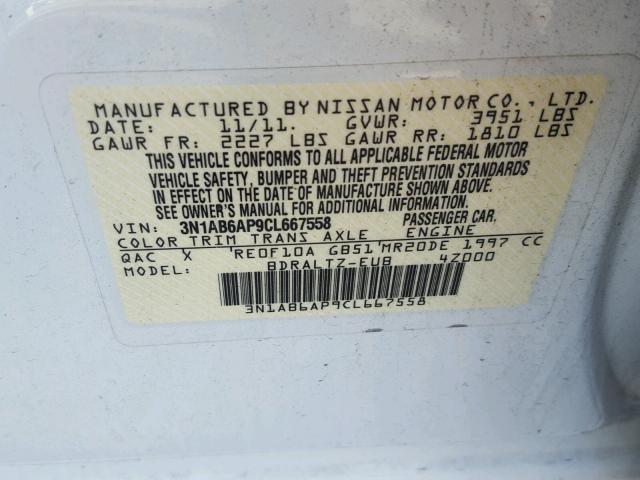 3N1AB6AP9CL667558 - 2012 NISSAN SENTRA 2.0 WHITE photo 10