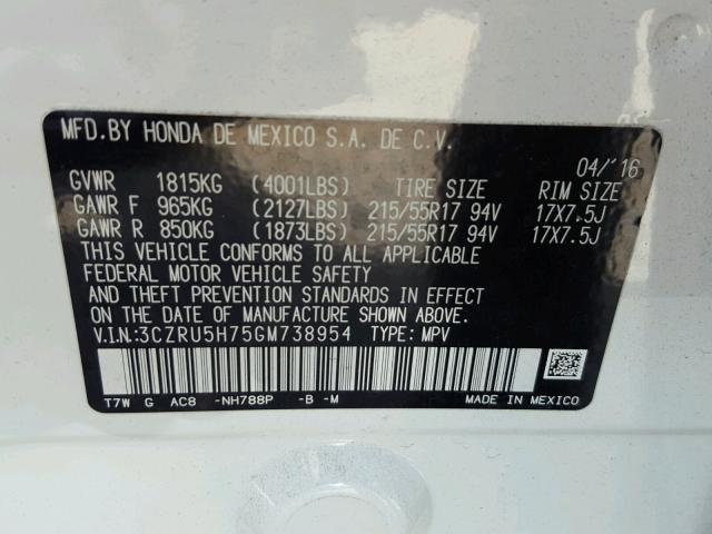 3CZRU5H75GM738954 - 2016 HONDA HR-V EXL WHITE photo 10