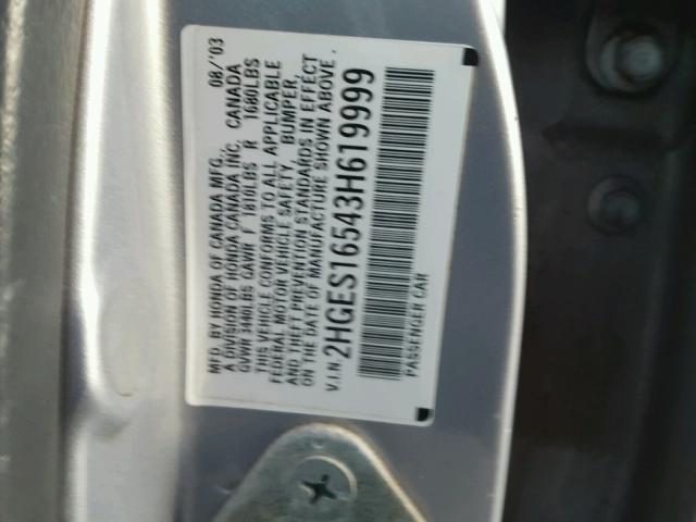 2HGES16543H619999 - 2003 HONDA CIVIC LX SILVER photo 10