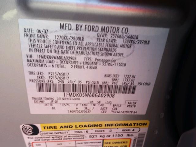 1FMDK05W68GA02908 - 2008 FORD TAURUS X S SILVER photo 10