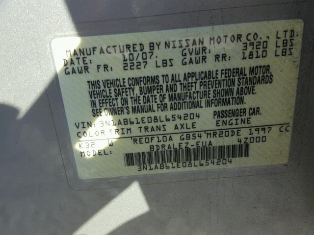 3N1AB61E08L654204 - 2008 NISSAN SENTRA 2.0 SILVER photo 10