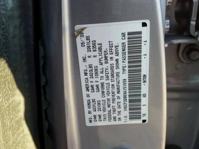 1HGCP26869A151659 - 2009 HONDA ACCORD EXL SILVER photo 10