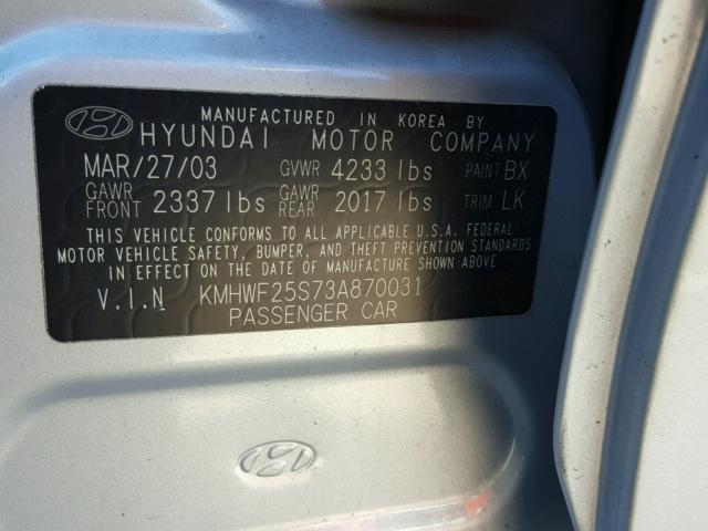 KMHWF25S73A870031 - 2003 HYUNDAI SONATA GL SILVER photo 10