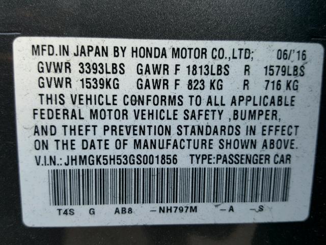 JHMGK5H53GS001856 - 2016 HONDA FIT LX GRAY photo 10