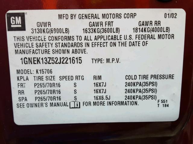 1GNEK13Z52J221615 - 2002 CHEVROLET TAHOE K150 MAROON photo 10