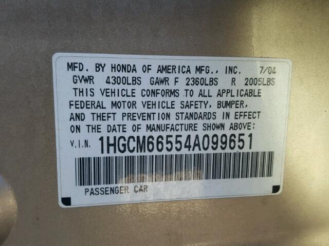 1HGCM66554A099651 - 2004 HONDA ACCORD EX 金色 照片 10