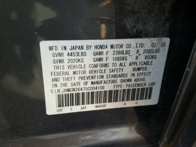 JHMCN36475C004108 - 2005 HONDA ACCORD HYB GRAY photo 10