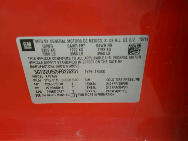 3GTU2UEC5FG225251 - 2015 GMC SIERRA K15 RED photo 10