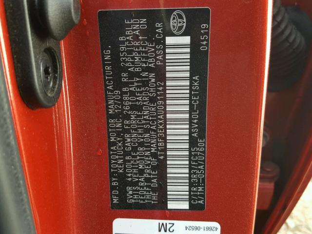 4T1BF3EKXAU091142 - 2010 TOYOTA CAMRY BASE RED photo 10