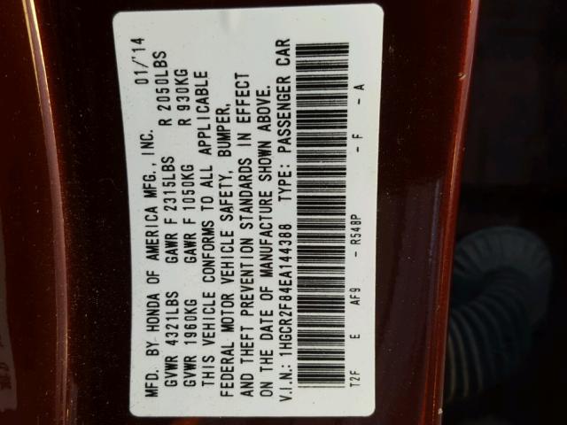 1HGCR2F84EA144388 - 2014 HONDA ACCORD EXL MAROON photo 10