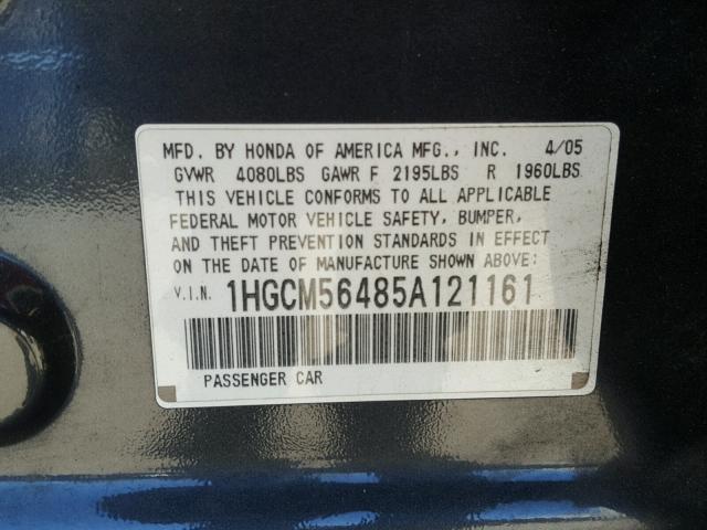 1HGCM56485A121161 - 2005 HONDA ACCORD LX GRAY photo 10