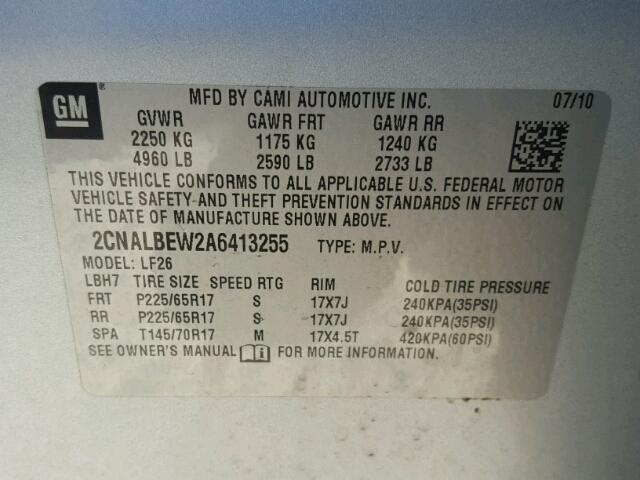 2CNALBEW2A6413255 - 2010 CHEVROLET EQUINOX LS SILVER photo 10