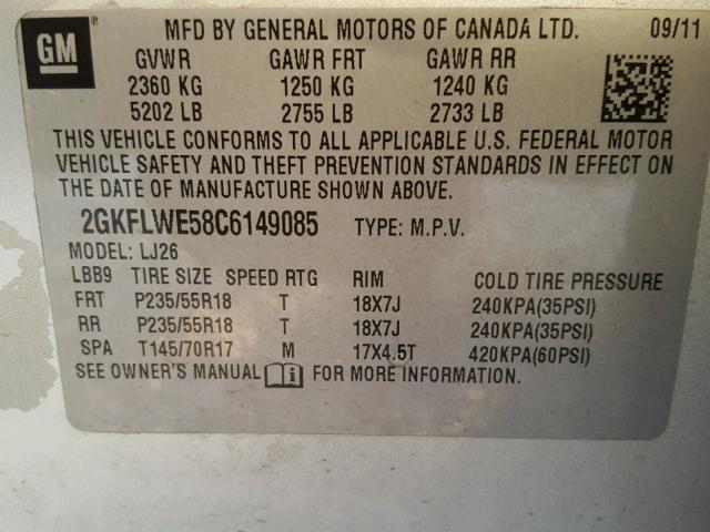 2GKFLWE58C6149085 - 2012 GMC TERRAIN SL SILVER photo 10