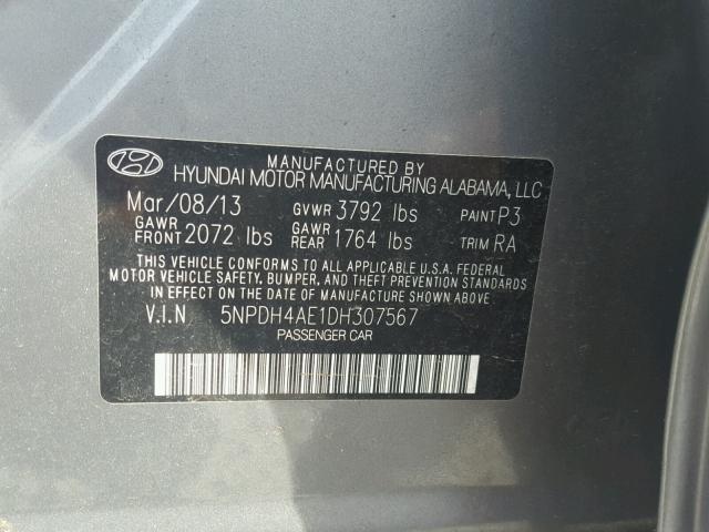 5NPDH4AE1DH307567 - 2013 HYUNDAI ELANTRA GL GRAY photo 10