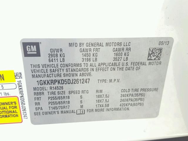 1GKKRPKD5DJ261247 - 2013 GMC ACADIA SLE WHITE photo 10