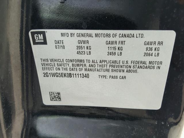 2G1WG5EK0B1111340 - 2011 CHEVROLET IMPALA LT BLACK photo 10