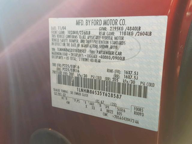 1LNHM86S35Y628587 - 2005 LINCOLN LS RED photo 10