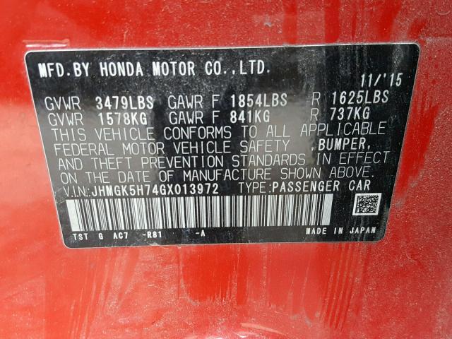 JHMGK5H74GX013972 - 2016 HONDA FIT EX RED photo 10