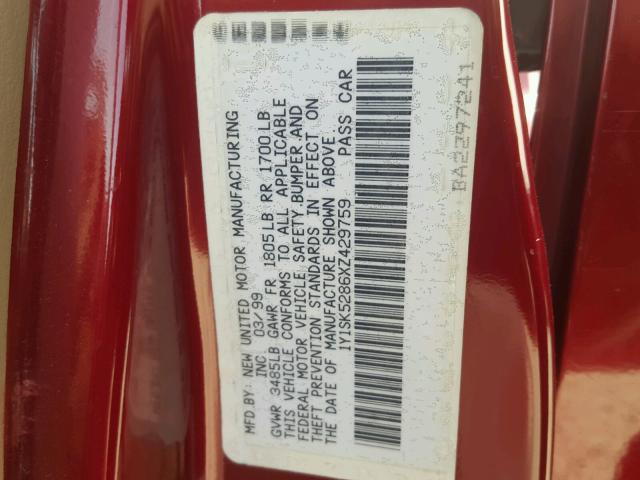 1Y1SK5286XZ429759 - 1999 CHEVROLET GEO PRIZM 栗色 照片 10