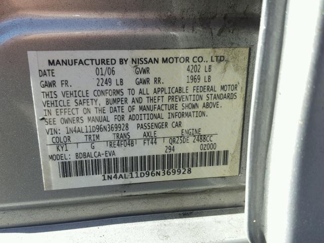 1N4AL11D96N369928 - 2006 NISSAN ALTIMA S GRAY photo 10