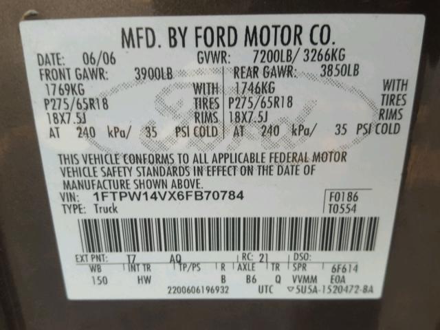 1FTPW14VX6FB70784 - 2006 FORD F150 SUPER BLACK photo 10