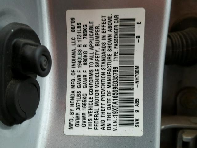 19XFA16569E035789 - 2009 HONDA CIVIC LX SILVER photo 10