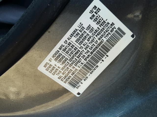 5FNRL38499B030667 - 2009 HONDA ODYSSEY EX GRAY photo 10