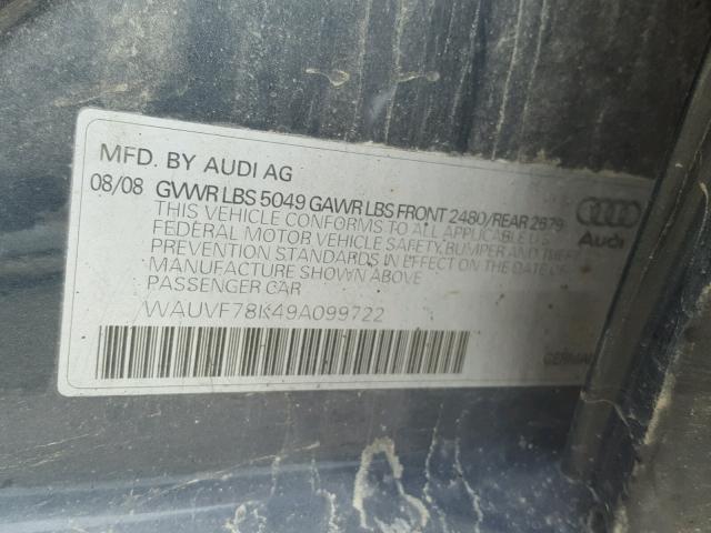 WAUVF78K49A099722 - 2009 AUDI A4 2.0T AV GRAY photo 10